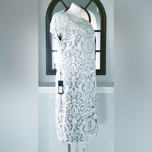Tadashi Shoji Corded Lace Dress in Silver, NWT, Size 16 - Picture 3 of 8